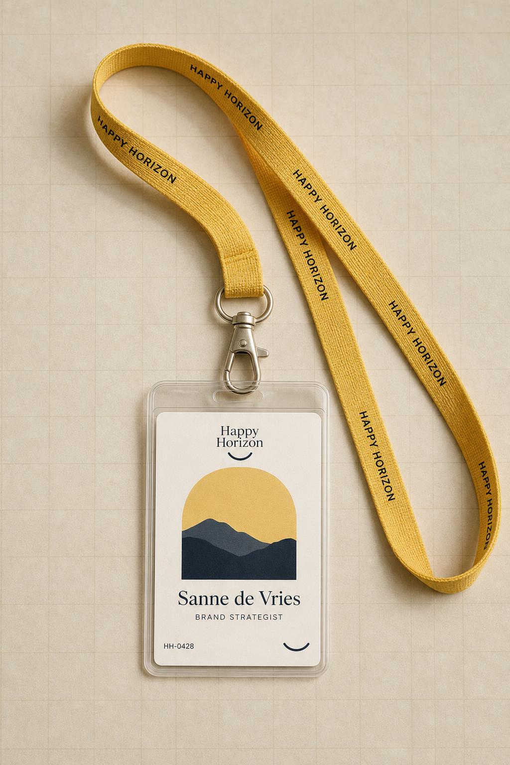 Happy Horizon kantoor-keycord — geel geweven keycord met portrait CR80-pas, Sanne de Vries, Brand Strategist