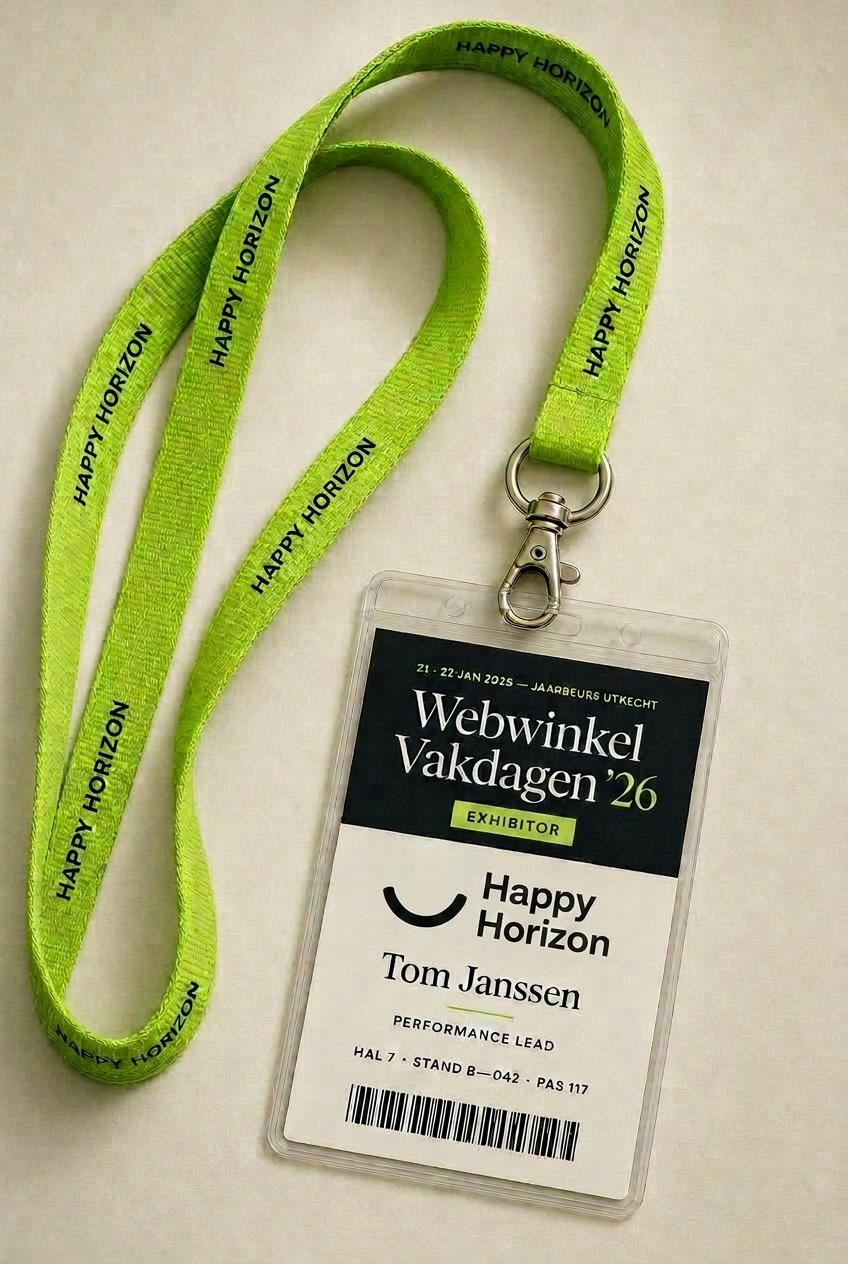 Happy Horizon beurspas voor Webwinkel Vakdagen 2026 — lime geweven keycord met portrait CR80 exhibitor-pas, Tom Janssen, Performance Lead, Hal 7 stand B—042